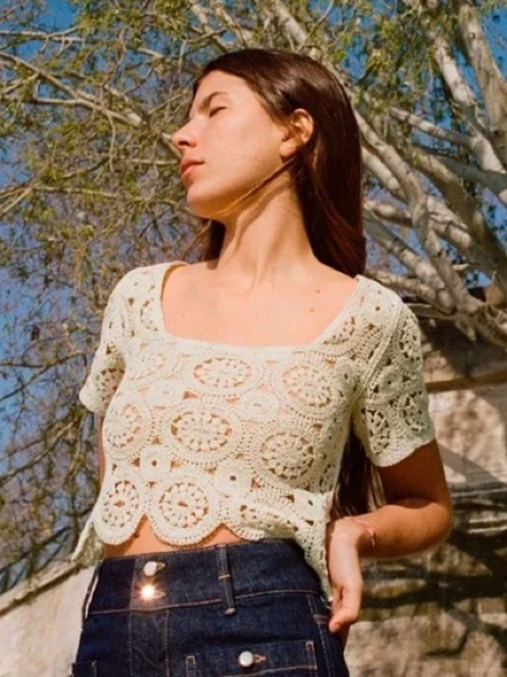 🤍 Zara Bohemian Embroidered Coastal Cowgirl Cottagecore Crochet Crop Top Size S - Picture 3 of 12